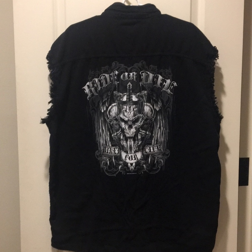 Hot Leathers Ride or Die button down distress skull biker shirt Sleeveless 2XL